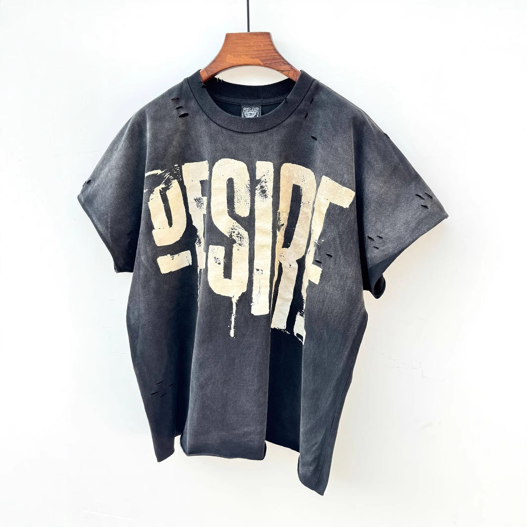 Washed Distressed Drip Letter Print Crew Neck Short Sleeve T Shirt