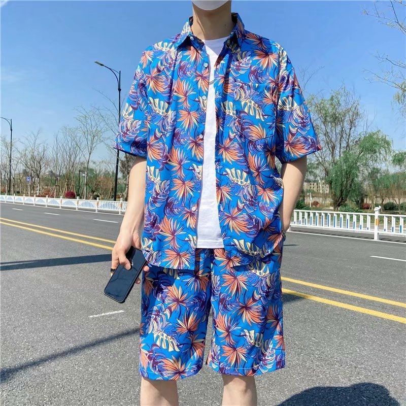 Couple Quick Dry Floral Loose Tropical Beach Shirt Shorts Set