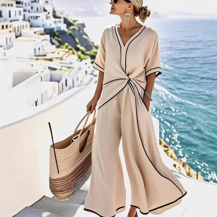 Women Boho V Neck Twist Front Trim Loose Linen Beach Maxi Dress