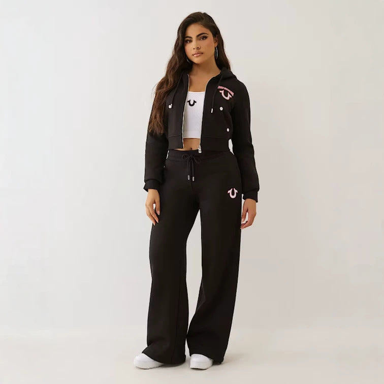 Y2K True Religion Horseshoe Logo Zip Crop Hoodie Straight Jogger 2 Piece Set