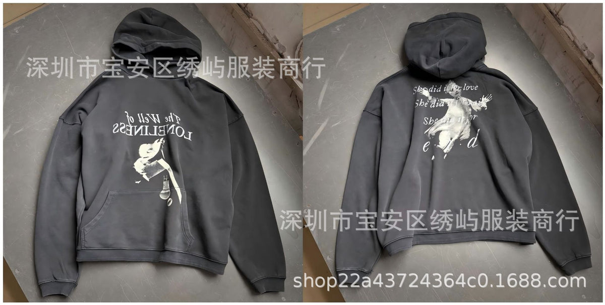 ERD Distressed Photo Letter Print Hoodie Vintage Cotton Pullover