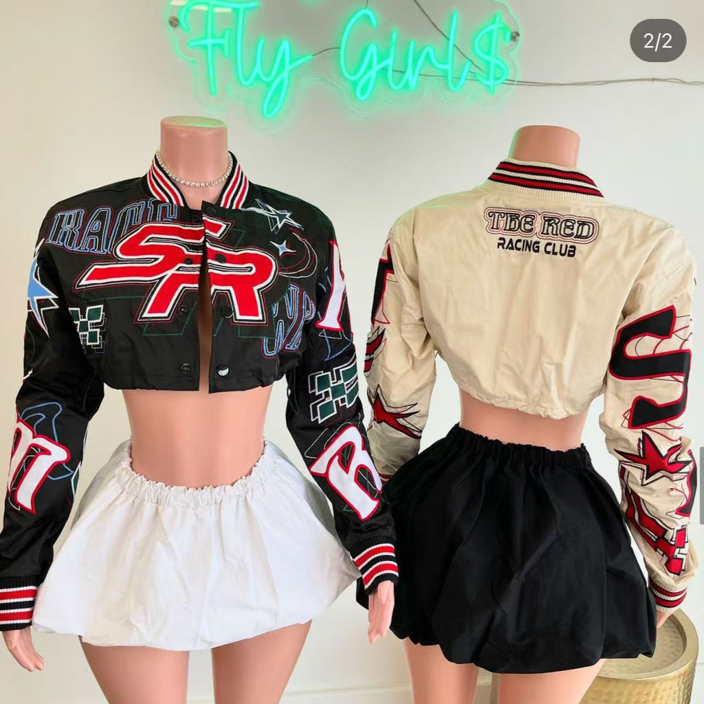 Embroidered Cropped Varsity Jacket Women Long Sleeve Baseball Coat