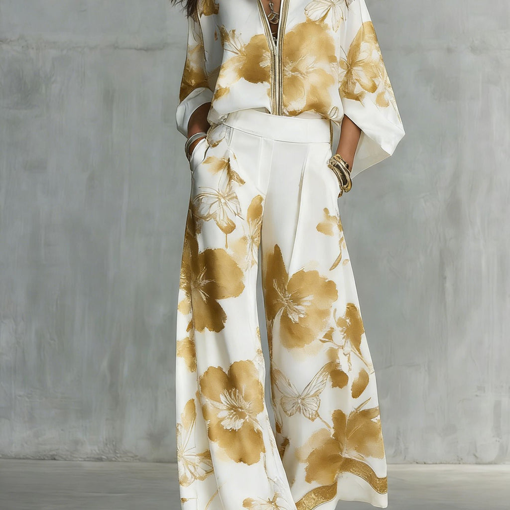 Boho Floral Wide Leg Beach Two Piece Pant Set