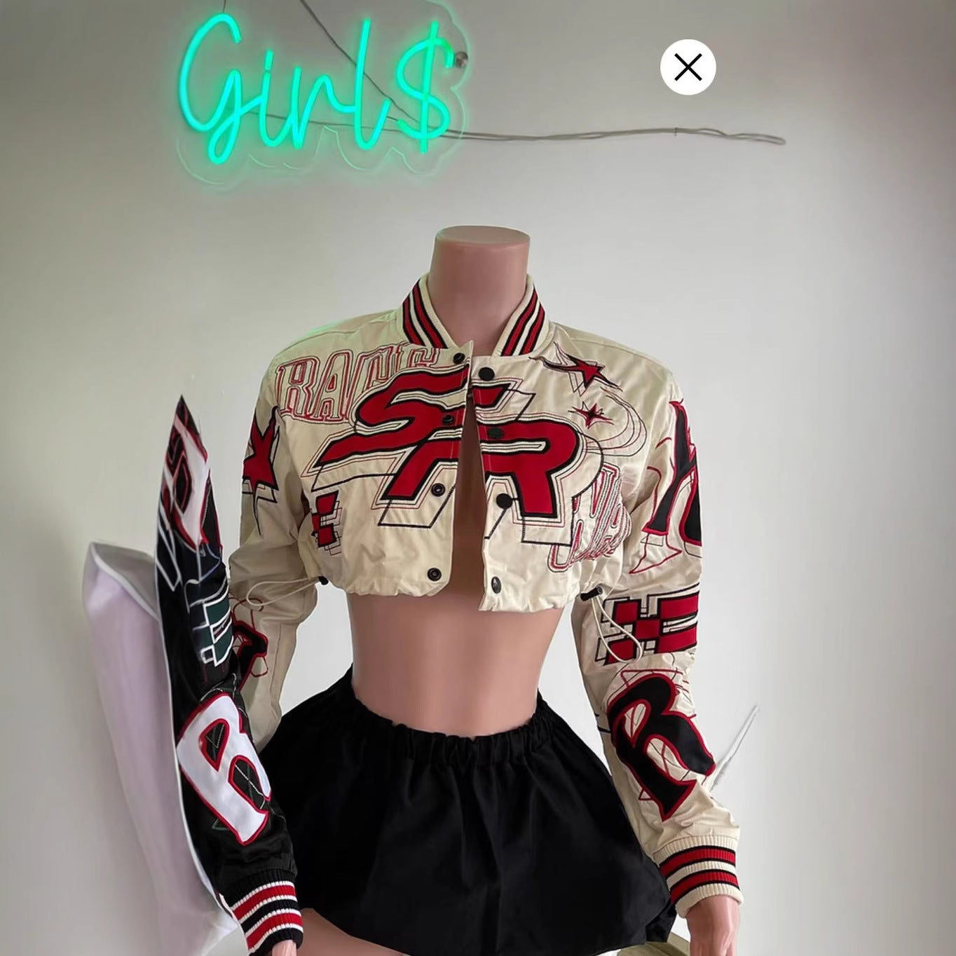 Embroidered Cropped Varsity Jacket Women Long Sleeve Baseball Coat
