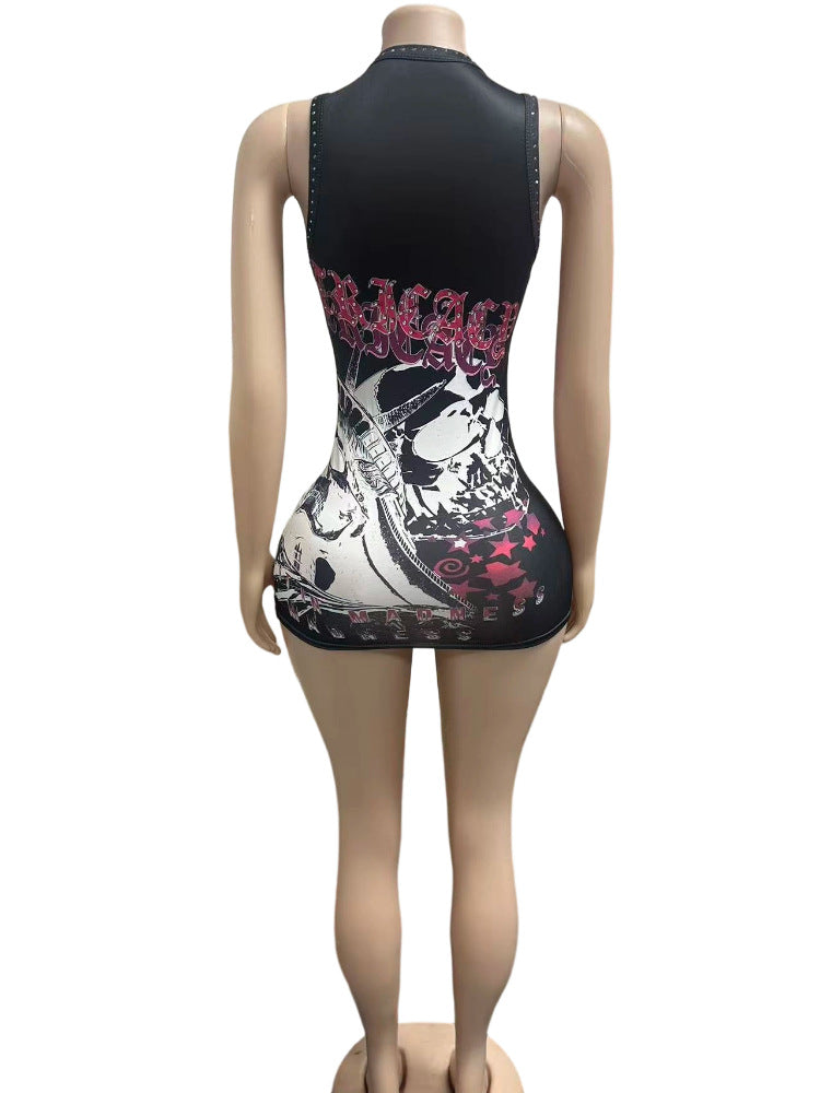 Lost Intricacy Rhinestone Skull Print Bodycon Mini Dress Women