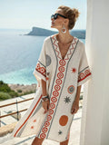 Women Boho Geometric Print V Neck Loose Kaftan Maxi Beach Dress