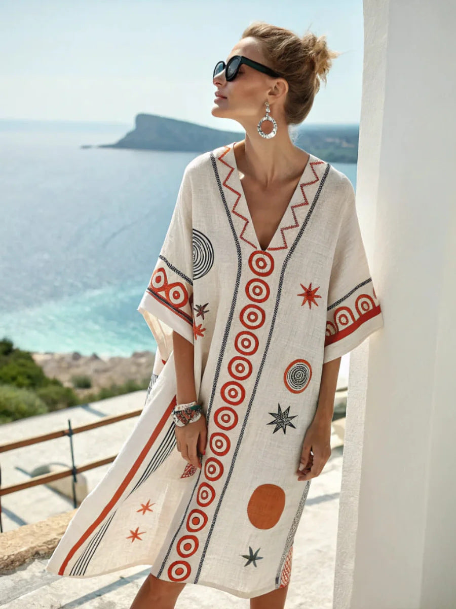 Women Boho Geometric Print V Neck Loose Kaftan Maxi Beach Dress
