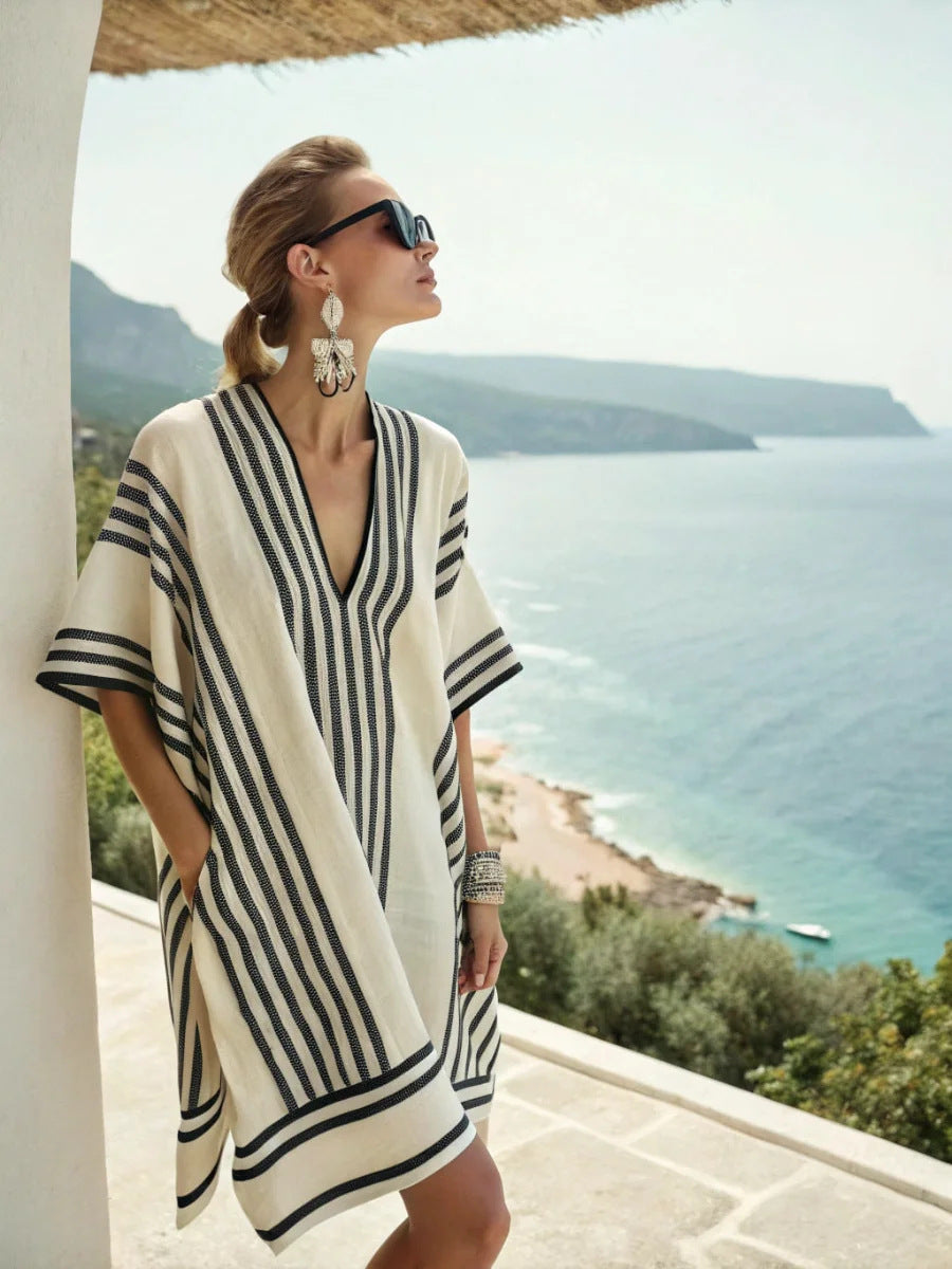 Women Boho Geometric Print V Neck Loose Kaftan Maxi Beach Dress