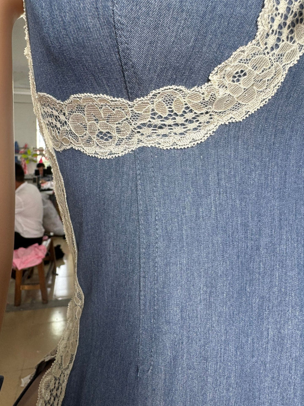 Lace Trim Spaghetti Strap Denim Bodycon Mini Dress Women