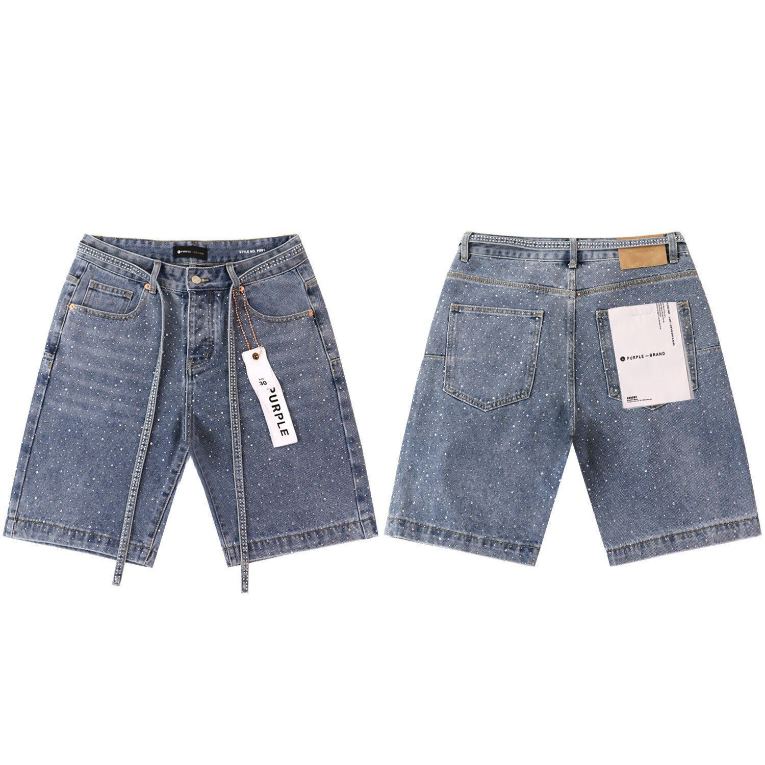 Purple Brand Rhinestone Straight‑Leg Denim Shorts Unisex