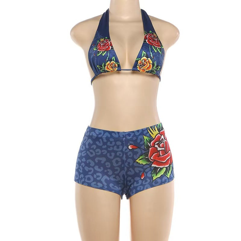 Leopard Rose Print Halter Sexy 2 Piece Shorts Set Women Club Outfit