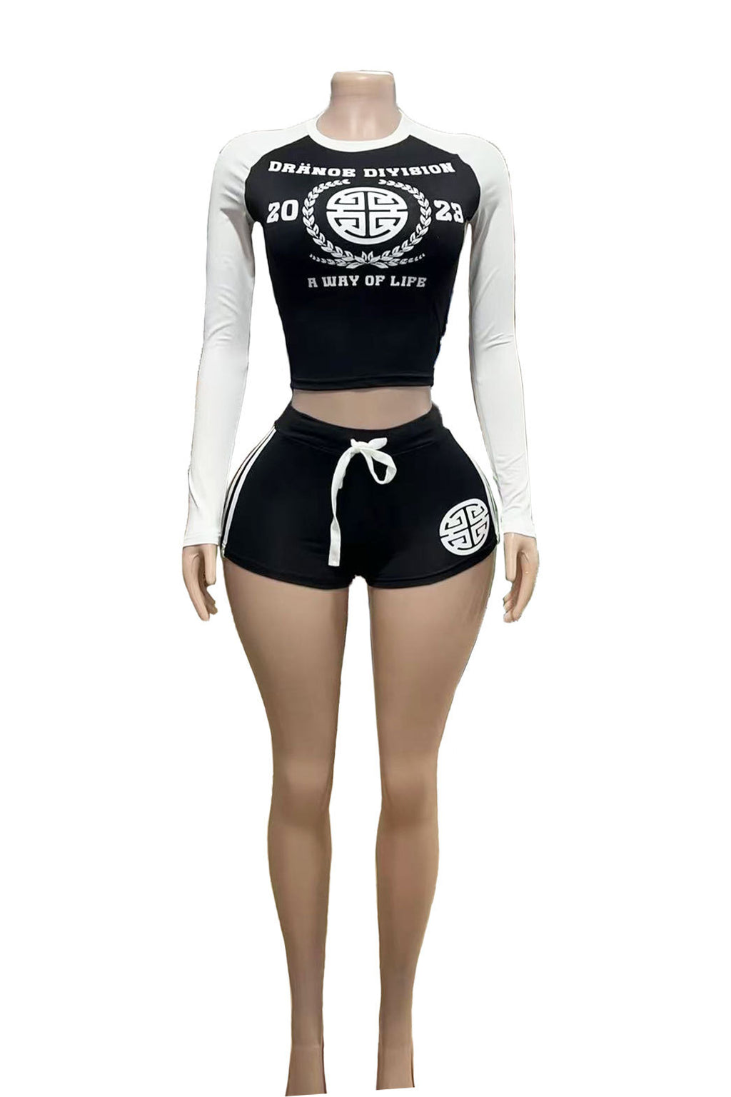 Dranoe Division Letter Print Raglan Crop Top Shorts 2 Piece Set Women