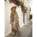 Women Boho Floral Border Print V Neck Loose Kaftan Maxi Beach Dress
