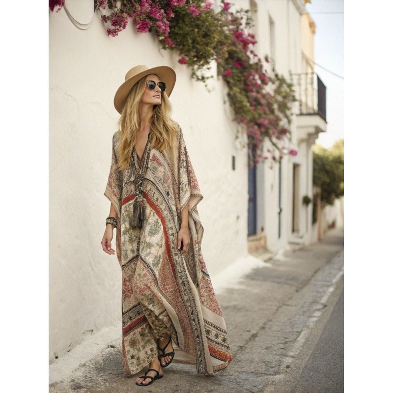 Women Boho Floral Border Print V Neck Loose Kaftan Maxi Beach Dress