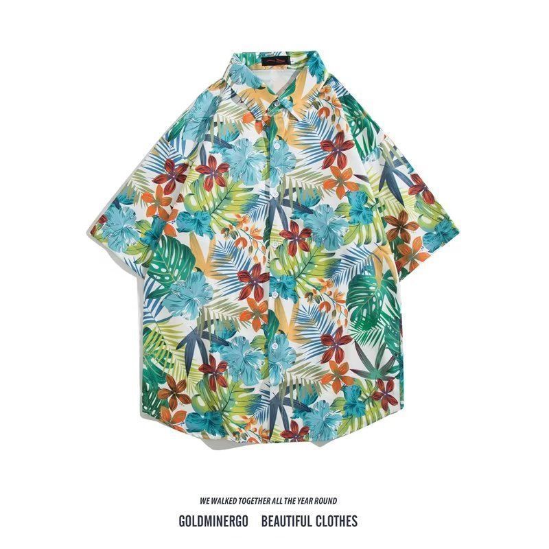 Mens Vintage Cartoon Tropical Print Short Sleeve Beach Shirt