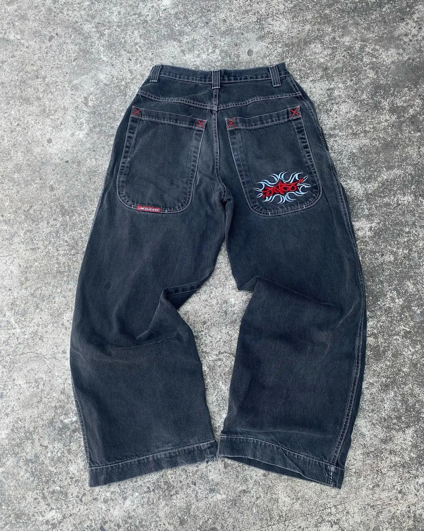 JNCO Style Y2K Bestickte Baggy Wide Leg Denim Jeans Unisex Streetwear Hose