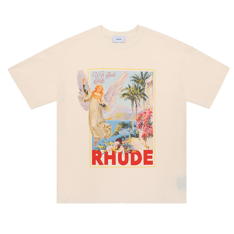 Rhude Graphic Tees Vintage High Street Loose Couple Crew Neck T-Shirt