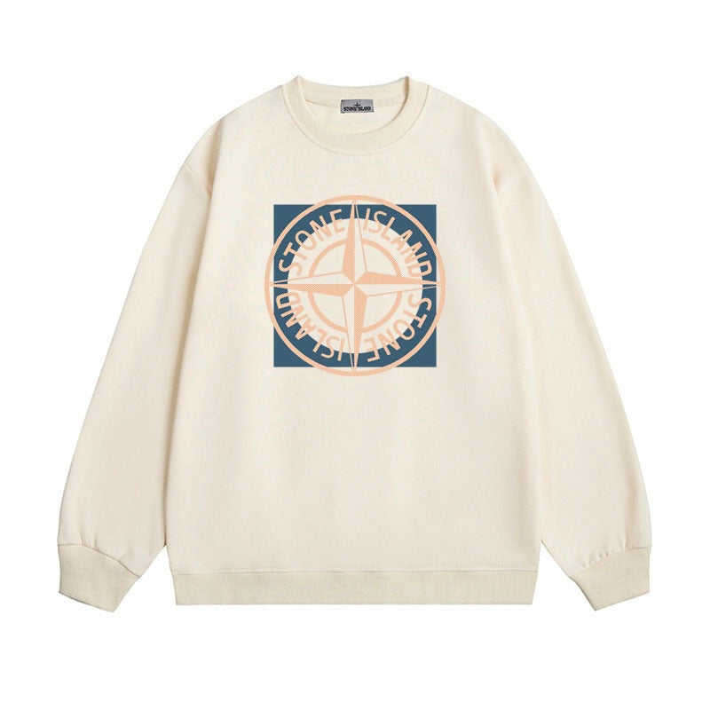 Stone Island Compass Print Crewneck Sweatshirt Men Winter Fleece Top
