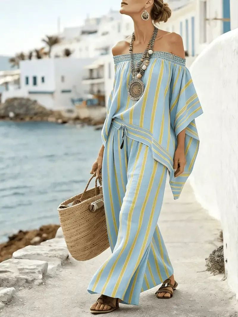 Women European Boho Striped Plus Size Loose Kaftan Beach Vacation Set