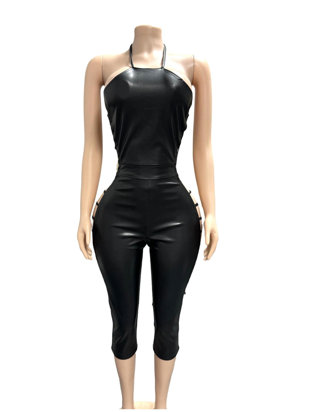 Faux Leather Halter Back Zipper Side Cutout Lace Up Jumpsuit Women