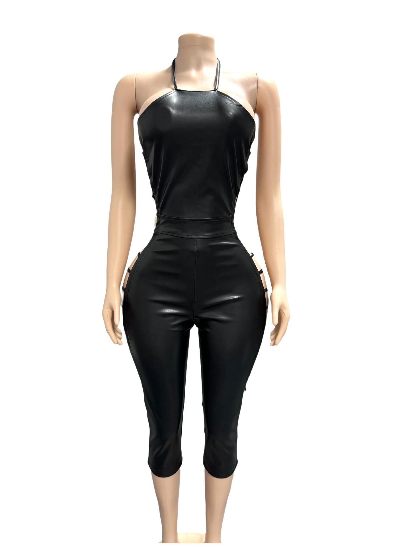 Faux Leather Halter Back Zipper Side Cutout Lace Up Jumpsuit Women