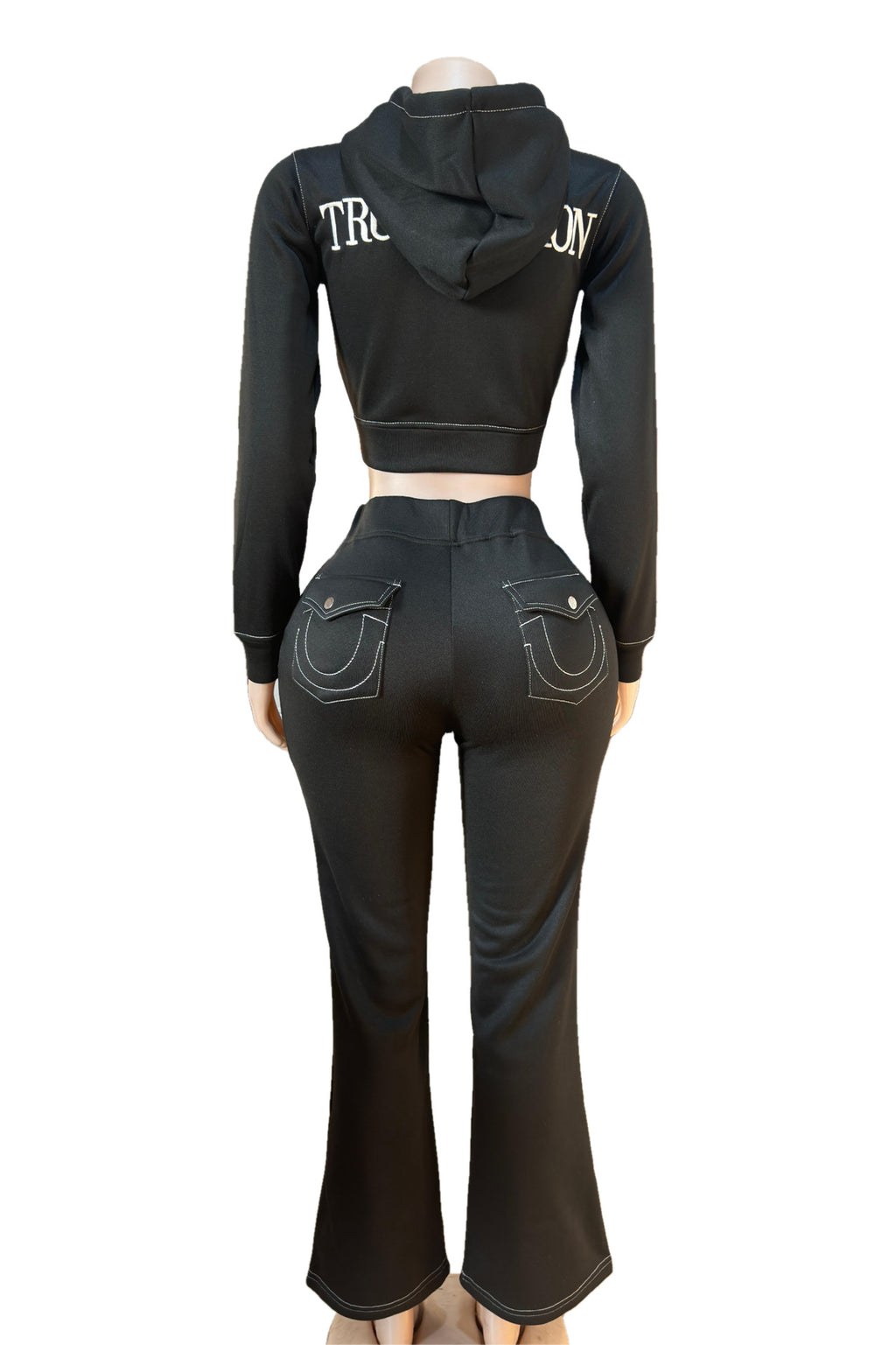 Y2K True Religion Contrast Stitch Embroidery Crop Hoodie 2 Piece Set