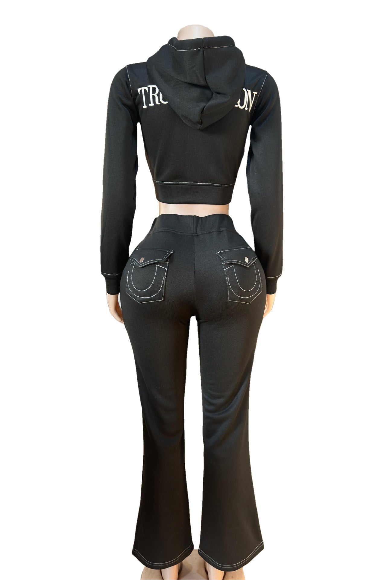 Y2K True Religion Contrast Stitch Embroidery Crop Hoodie 2 Piece Set