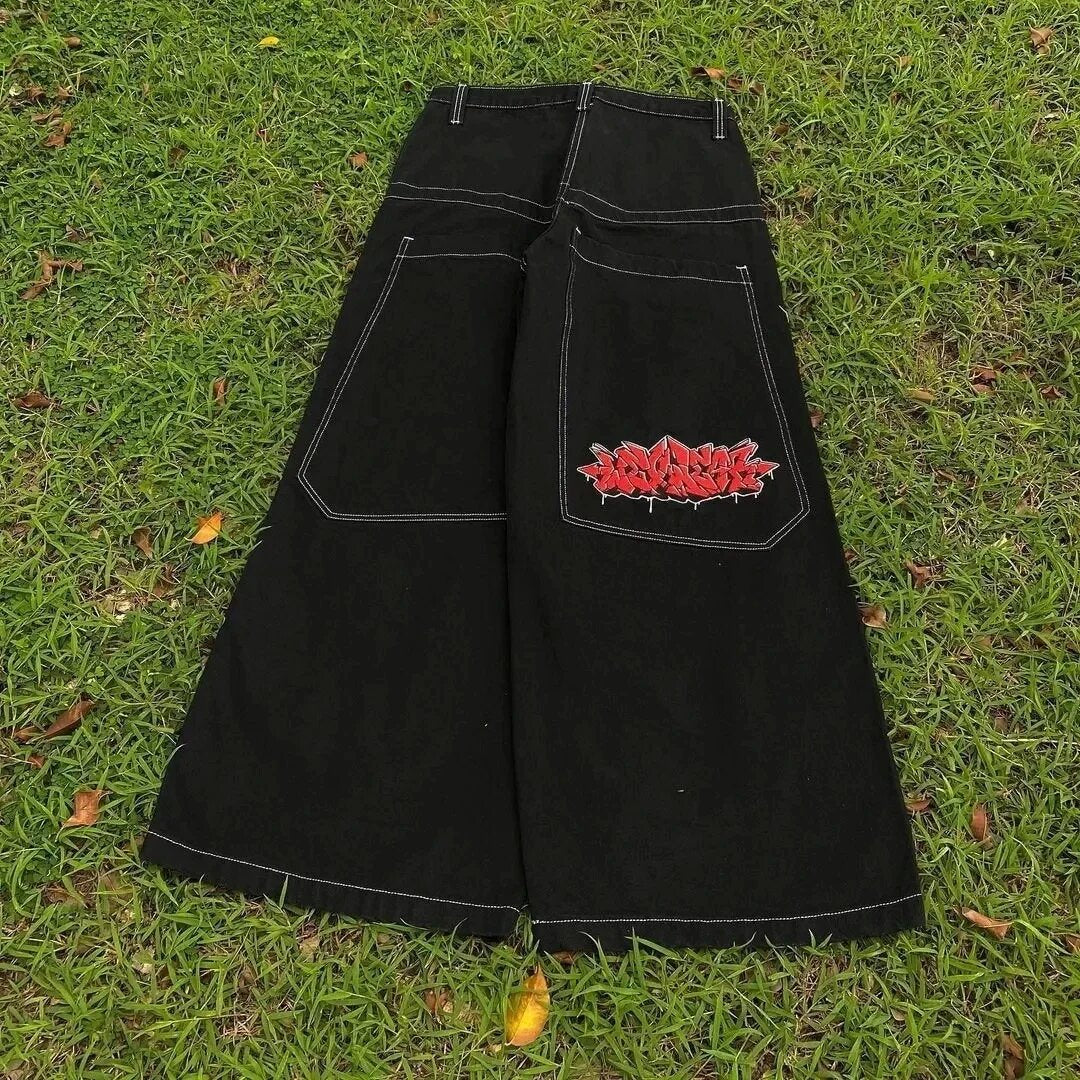 JNCO Style Y2K Baggy Jeans Drachen- & Poker-Stickerei Streetwear Denim-Hose