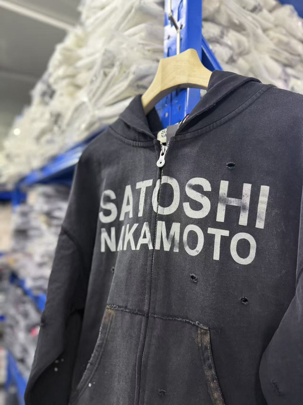 Satoshi Nakamoto Washed Distressed Zip Hoodie Splash Ink Street Jacket