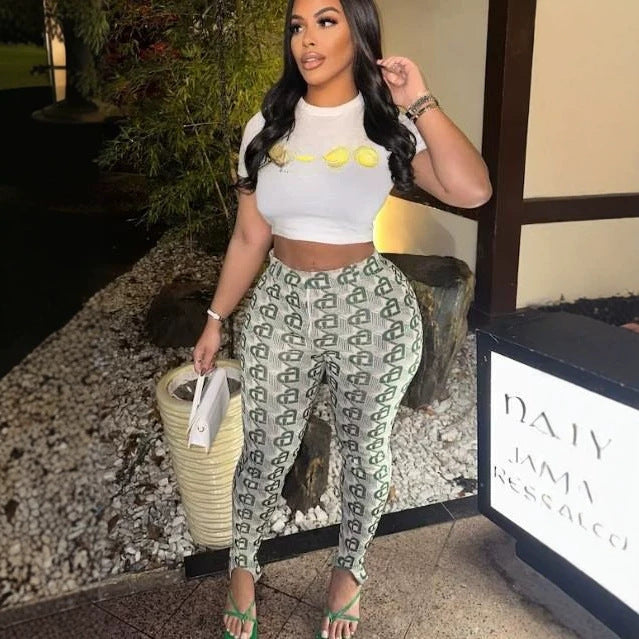 Geometric Print Short Sleeve Crop Top Skinny Pants 2 Piece Set Women