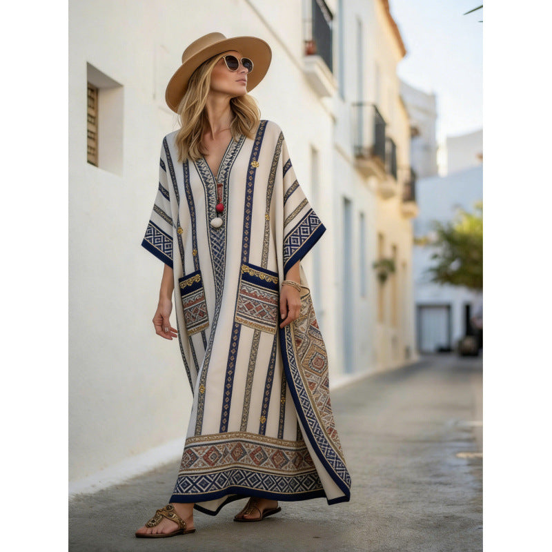 Women Boho Striped V Neck Open Front Loose Kaftan Maxi Beach Dress