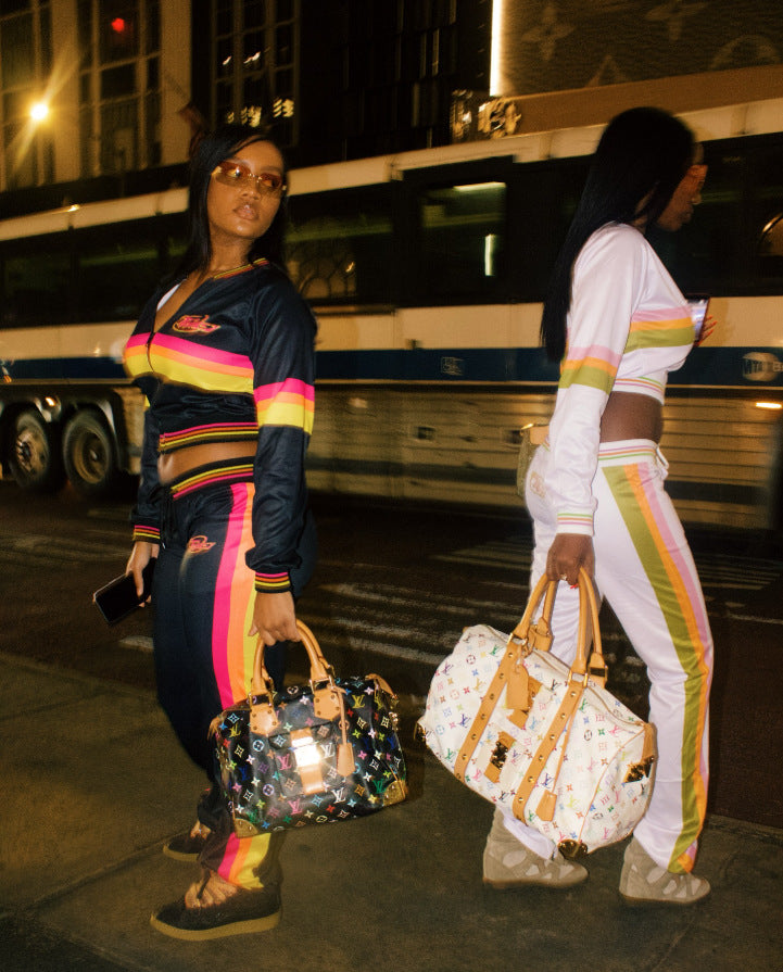 Twiley TM Rainbow Stripe Zip Crop Jacket Flare Pants 2 Piece Set Women