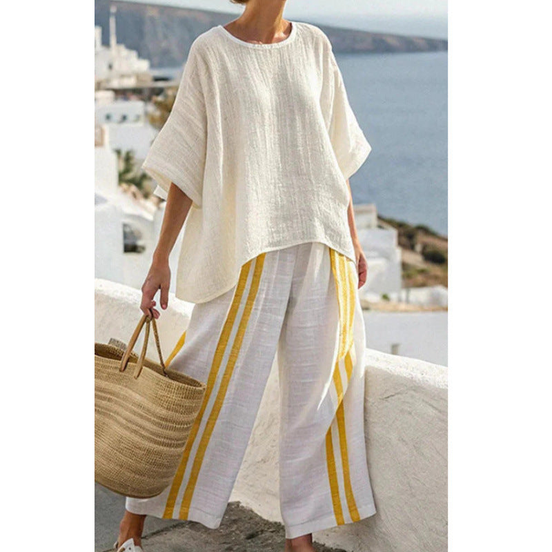 Women Boho Striped Plus Size Loose Kaftan Beach Set