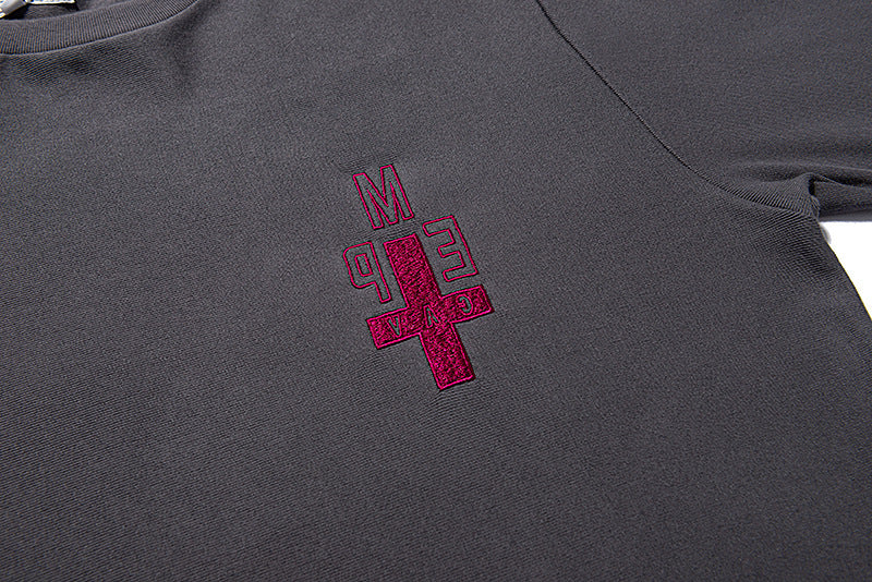 Washed Wax Dye Cross Letter Embroidery Crew Neck Long Sleeve T Shirt