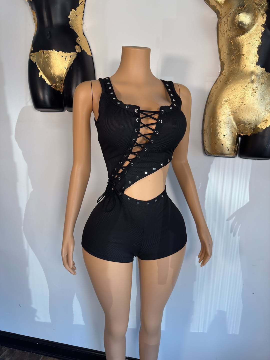 Eyelet Lace Up Cutout Sleeveless Romper Shorts