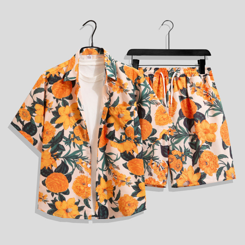 Ice Silk Quick Dry Couple Floral Loose Beach Shirt Shorts Set T3601-T3630