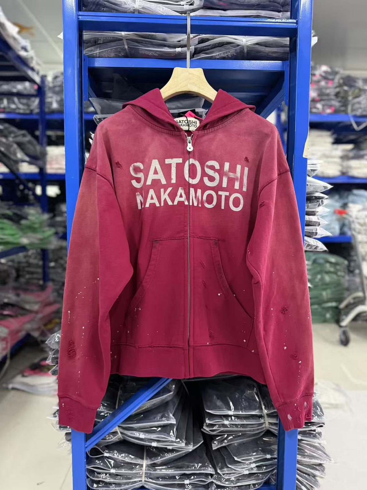 Satoshi Nakamoto Washed Distressed Zip Hoodie Splash Ink Street Jacket