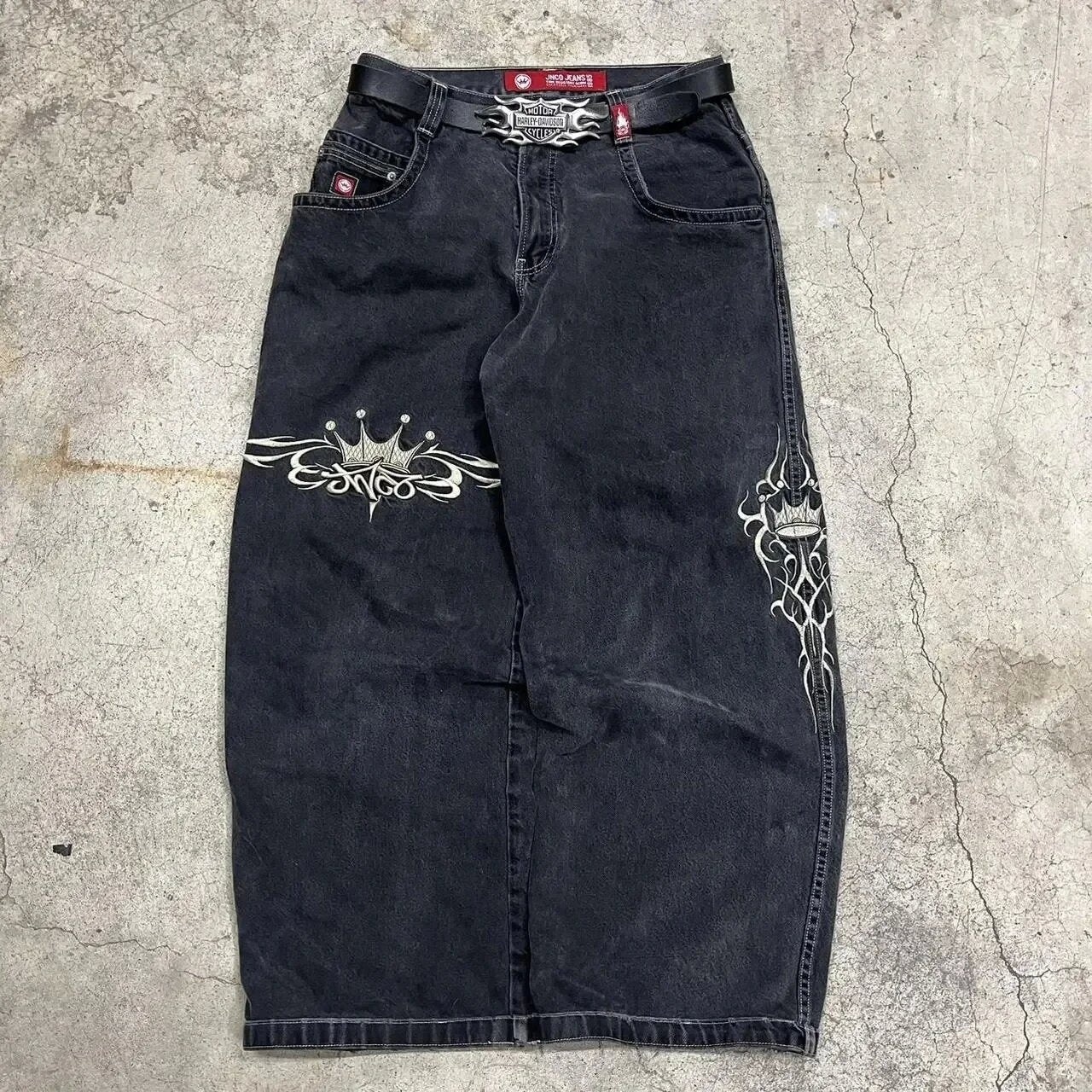 JNCO Style Y2K Baggy Jeans Drachen- & Poker-Stickerei Streetwear Denim-Hose