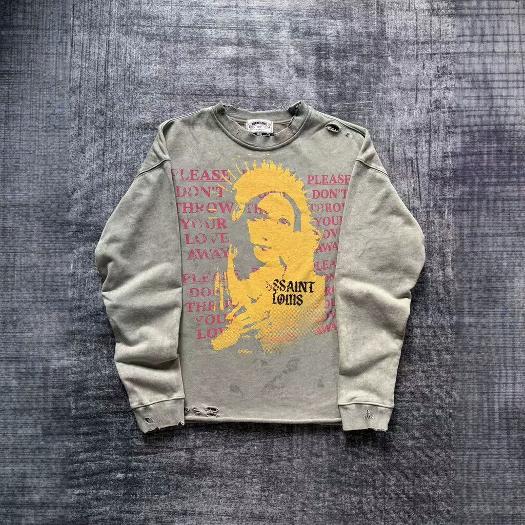 SSSAINT LOUIS Saint Graphic Distressed Washed Crewneck Sweatshirt