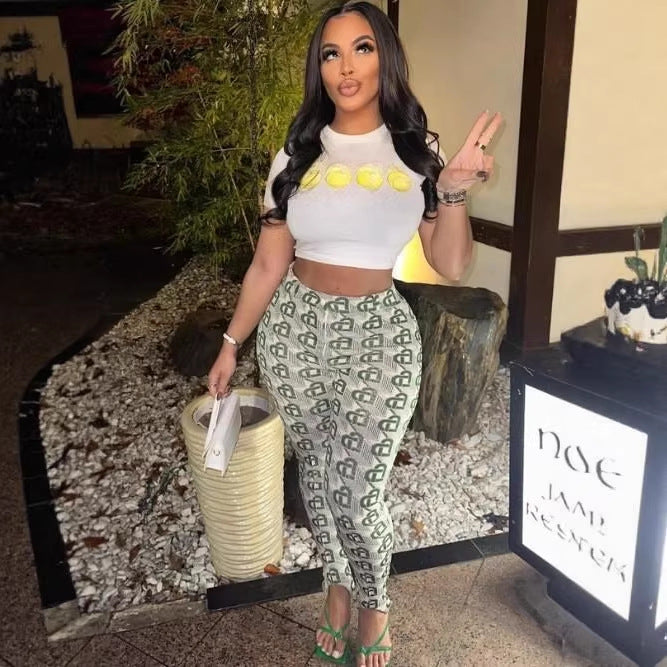 Geometric Print Short Sleeve Crop Top Skinny Pants 2 Piece Set Women