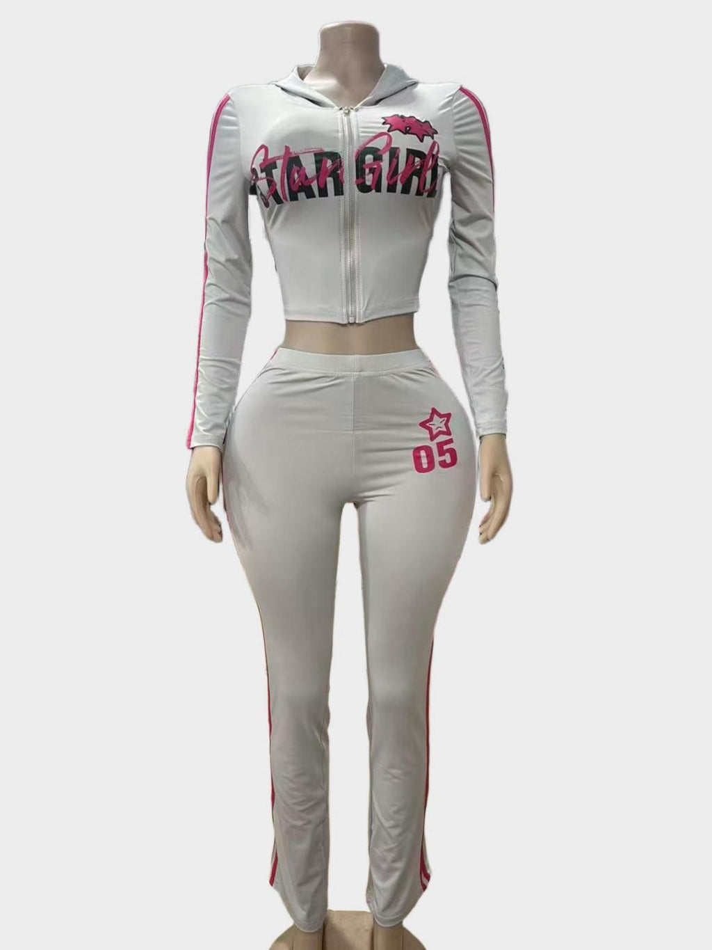 StarGirl Print Zip Up Hooded Crop Top Flare Pants 2 Piece Tracksuit Women