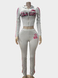 StarGirl Print Zip Up Hooded Crop Top Flare Pants 2 Piece Tracksuit Women