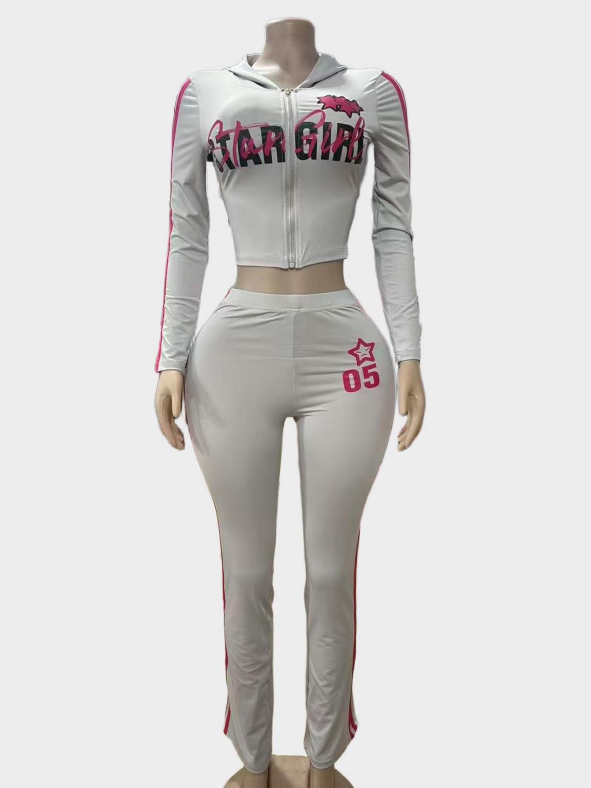 StarGirl Print Zip Up Hooded Crop Top Flare Pants 2 Piece Tracksuit Women