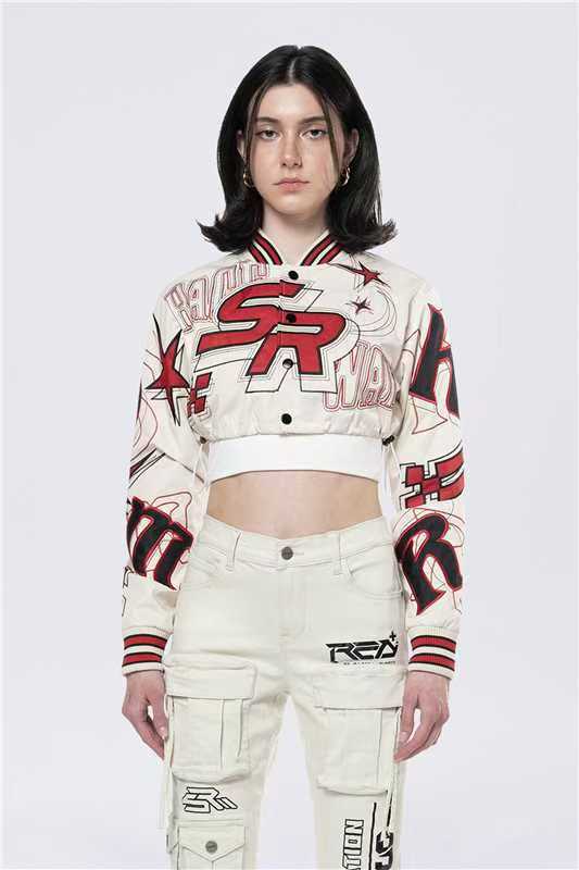Embroidered Cropped Varsity Jacket Women Long Sleeve Baseball Coat