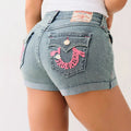 True Religion Letter Embroidery Cuffed Denim Shorts Women Y2K