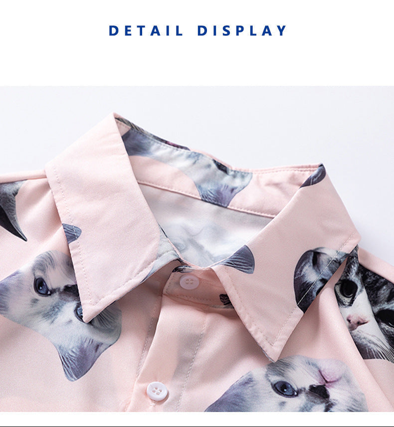 Collared Cat Print Open Front Tropical Short Sleeve Beach Shirt
