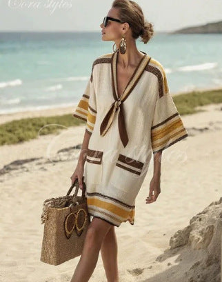 Women Boho Striped V Neck Loose Kaftan Midi Beach Dress