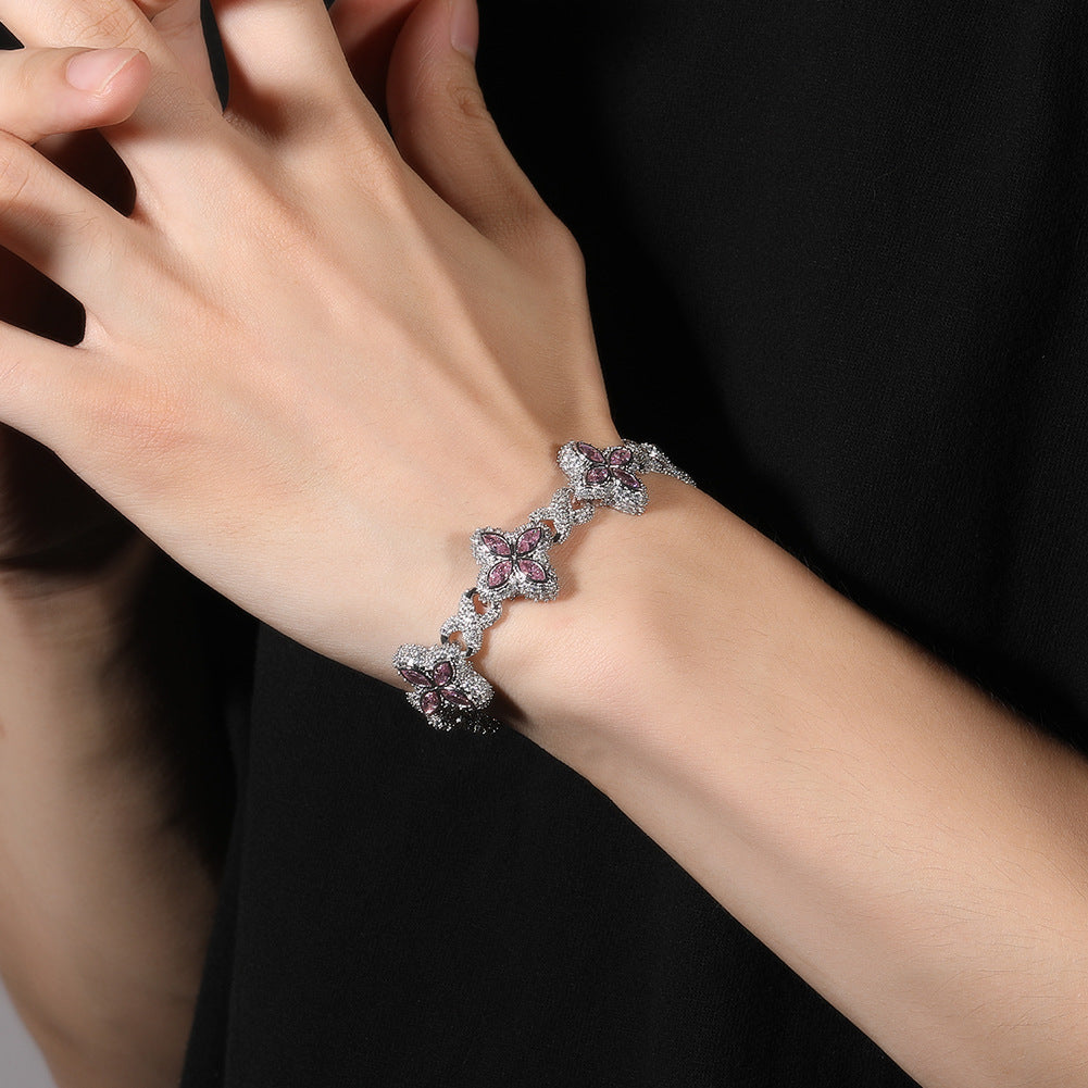 Iced Out Four Leaf Clover 5A Color Zircon Hip Hop Bracelet For