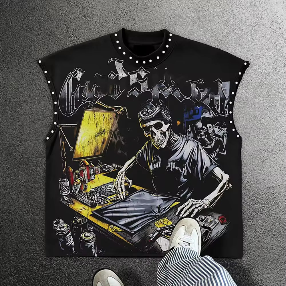Vintage Letter Number Graphic Rivet Sleeveless Loose Vest Top Women