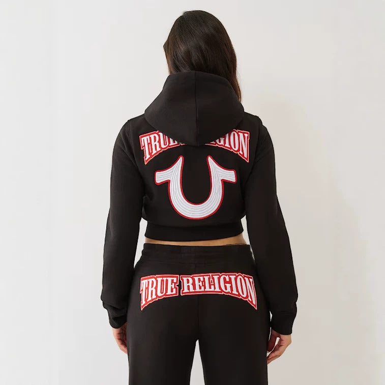 Y2K True Religion Horseshoe Logo Zip Crop Hoodie Straight Jogger 2 Piece Set